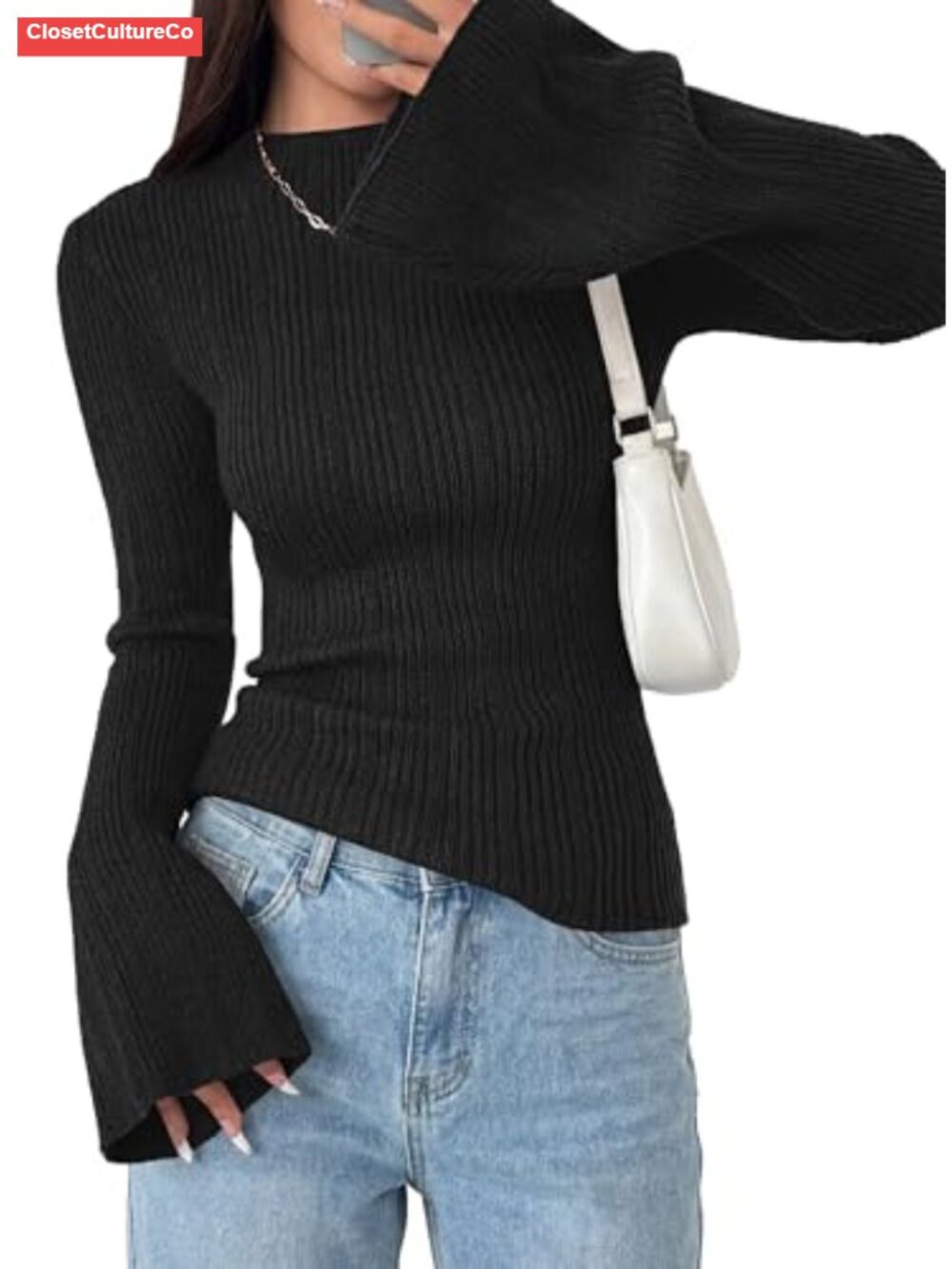 Mock Neck Ribbed Knit Sweater Bell Sleeve Pullover